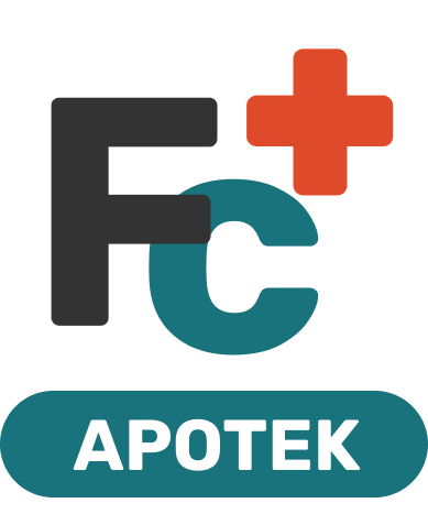 Logo Apotek, dengan huruf “Fc+” dan simbol palang merah, di bawahnya terdapat kata “APOTEK”.