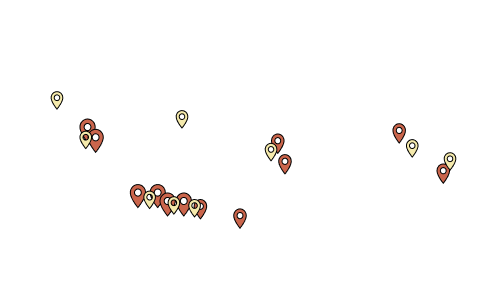 Penanda peta berwarna cokelat dan krem ​​berkelompok di atas latar belakang putih, menunjukkan lokasi.