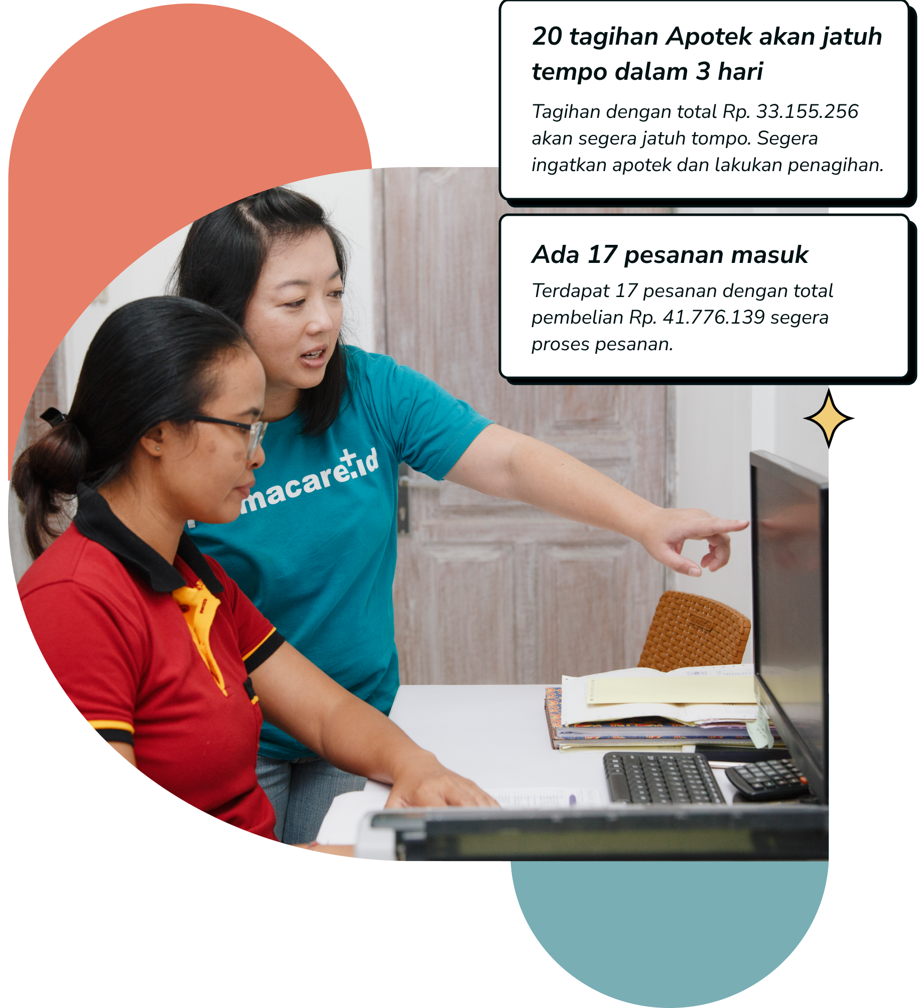 Dua perempuan sedang menatap komputer. Gelembung teks menunjukkan faktur apotek dan pesanan baru.