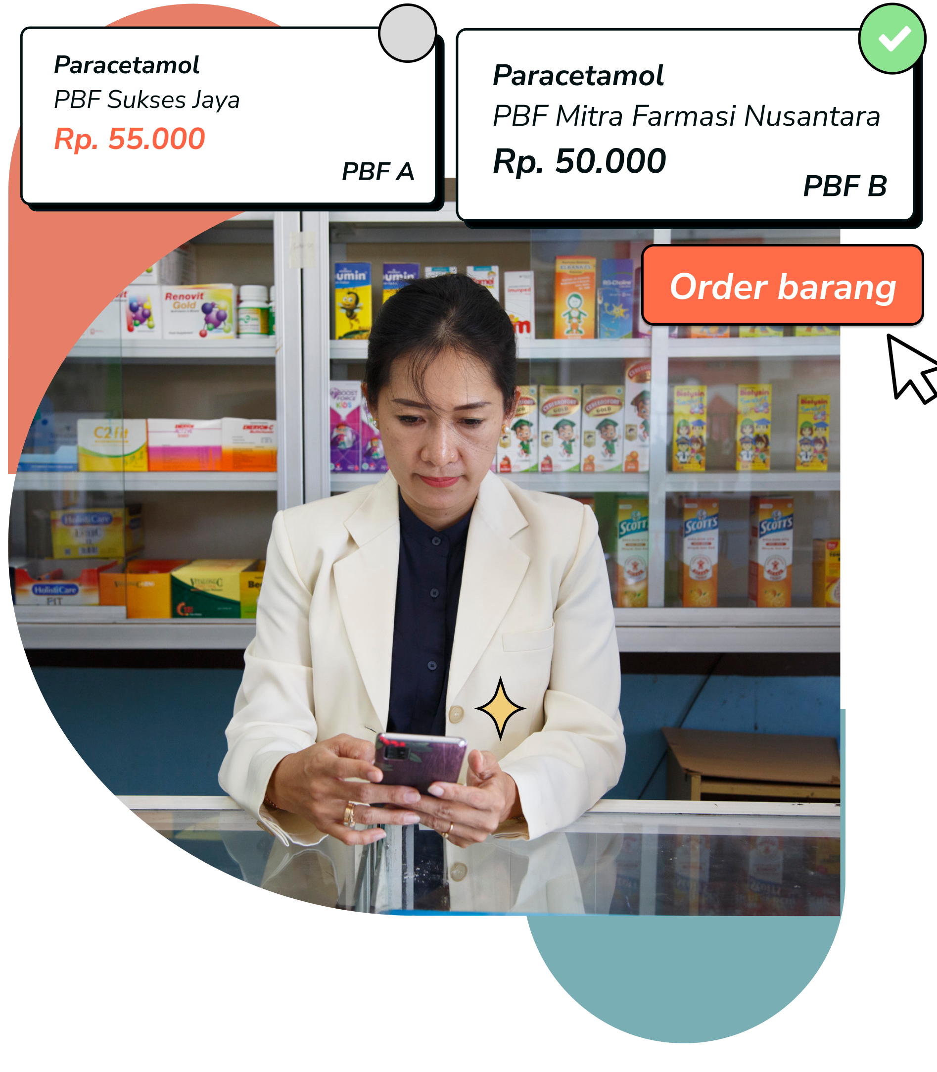 Apoteker memilih obat; layar pemesanan daring menunjukkan dua pilihan parasetamol, apotek di latar belakang.