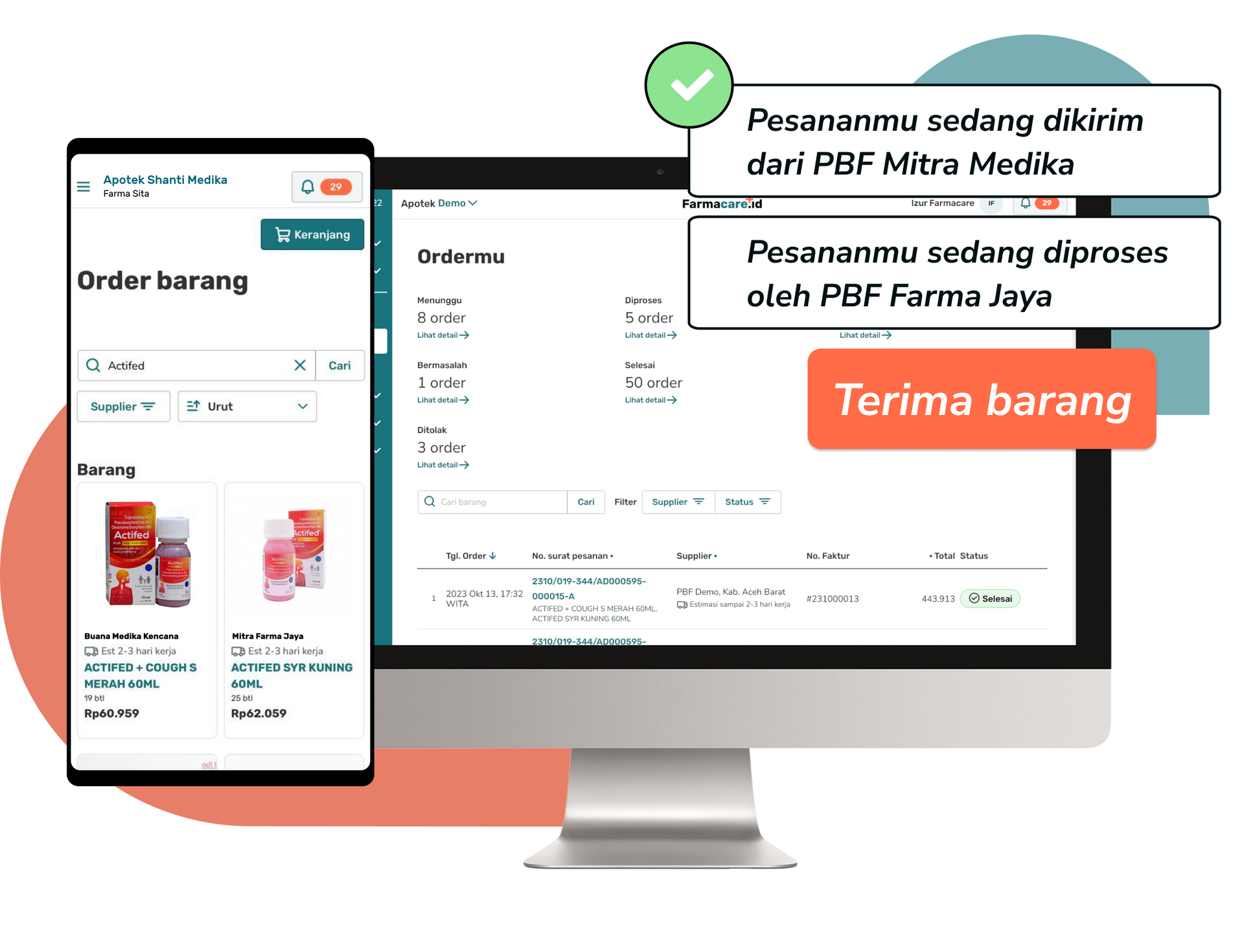 Ponsel pintar dan komputer menampilkan pesanan online yang sedang diproses. Dilengkapi dengan banner notifikasi dan tombol 