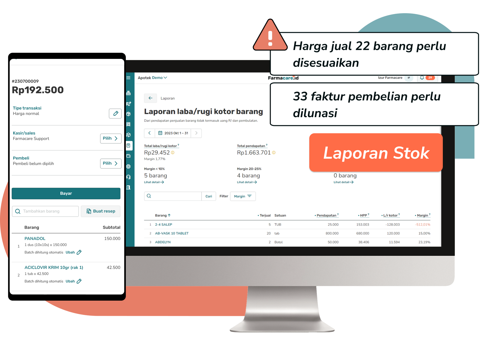 Layar komputer dengan laporan stok, telepon yang menampilkan tanda terima penjualan, dan peringatan tentang penjualan dan pesanan pembelian.