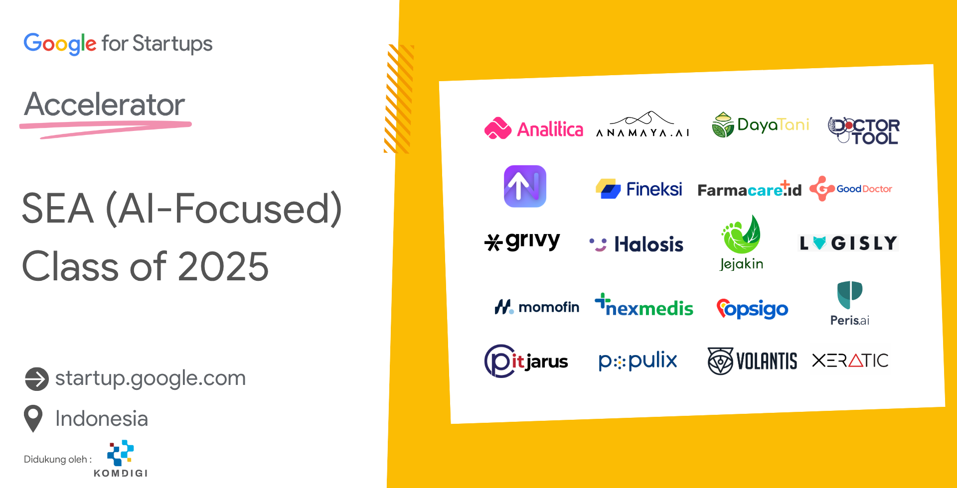 Google for Startups Accelerator untuk Asia Tenggara, berfokus pada AI. Angkatan 2025 di Indonesia. Logo startup peserta.