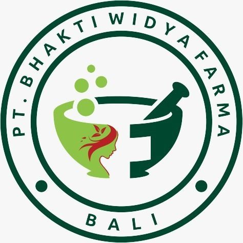 Logo untuk PT. Bhakti Widya Farma, Bali, menampilkan lesung dan alu, profil wanita, dan gelembung hijau.