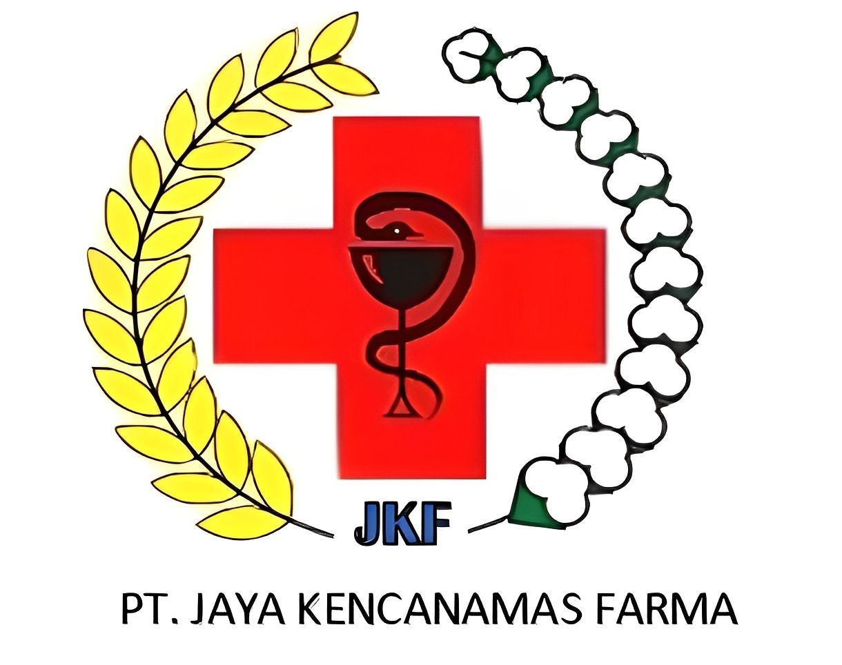 Logo PT. Jaya Kencanamas Farma: Palang merah dengan simbol ular dan cangkir, dikelilingi cabang gandum dan kapas.