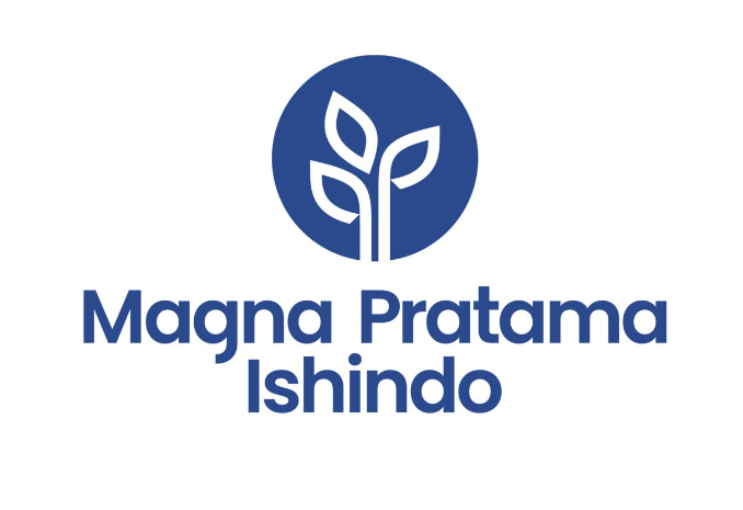 Logo Magna Pratama Ishindo: lingkaran biru dengan tanaman bergaya, teks biru di bawah.