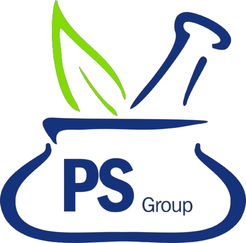 Logo untuk PS Group: lesung dan alu biru, daun hijau, dan teks 