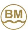 Logo BM di dalam lingkaran emas, dengan dua garis bergelombang di bawah huruf.