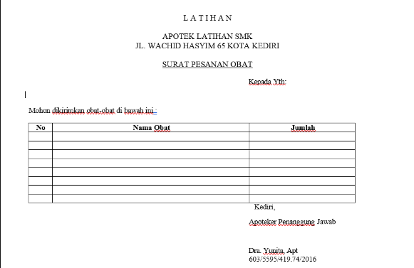 Formulir permintaan obat dari Laboratorium Apotik. Daftar nama dan jumlah obat. Berlokasi di Kota Kediri.