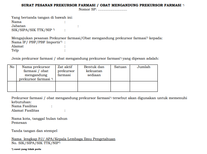 Formulir kosong untuk pemesanan prekursor/obat farmasi, kemungkinan dalam bahasa Indonesia.