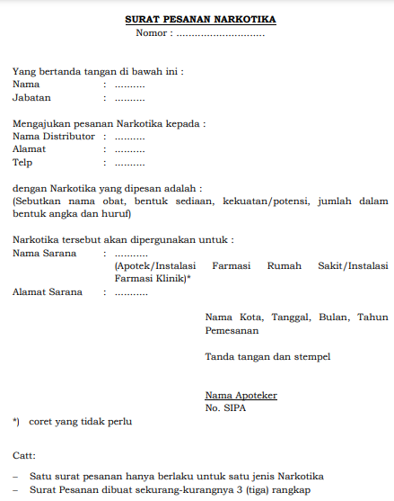 Formulir untuk memesan narkotika, dengan kolom kosong untuk nama, distributor, rincian obat, dan informasi fasilitas.