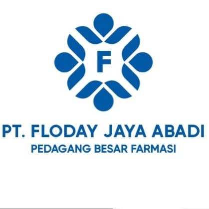 Logo PT. Floday Jaya Abadi, distributor farmasi, dengan desain bunga biru dan huruf 