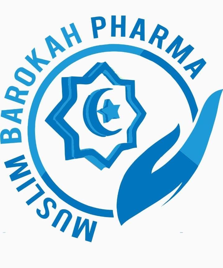 Logo untuk Muslim Barokah Pharma, berwarna biru dengan bintang dan bulan sabit, grafis tangan.