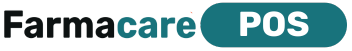 Logo POS Farmacare berwarna hitam dan biru kehijauan.