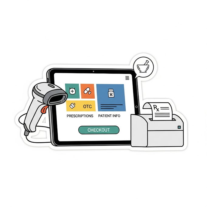Tablet apotek dengan ikon pemindai, printer, dan obat, yang menggambarkan proses pembayaran.
