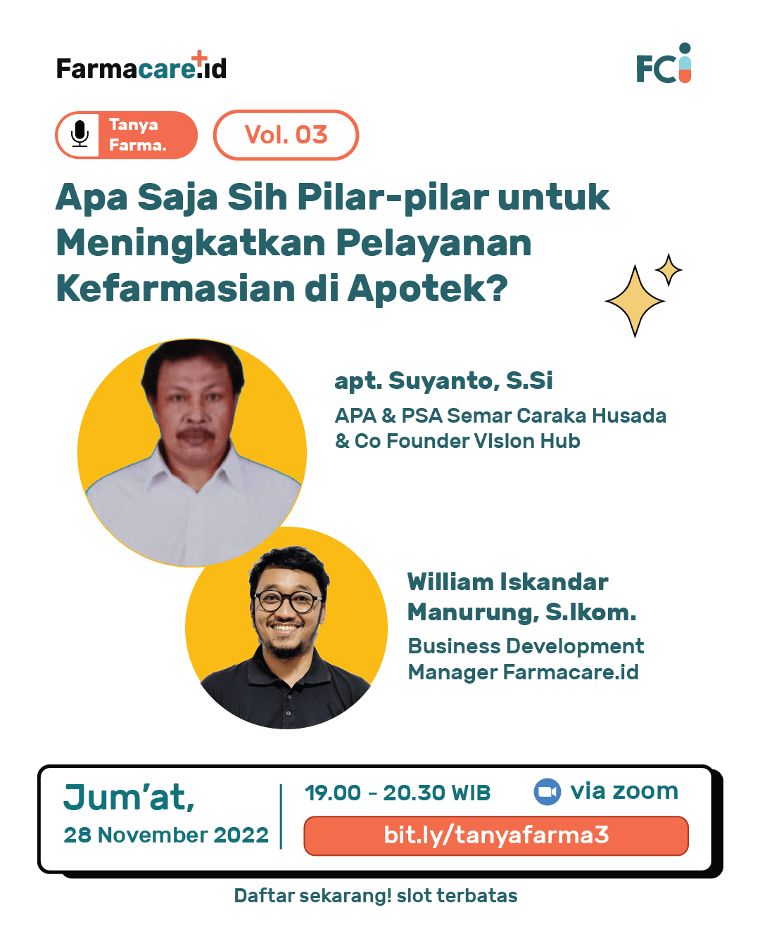 Grafik promosi untuk webinar layanan farmasi, menampilkan pembicara dan detail acara.
