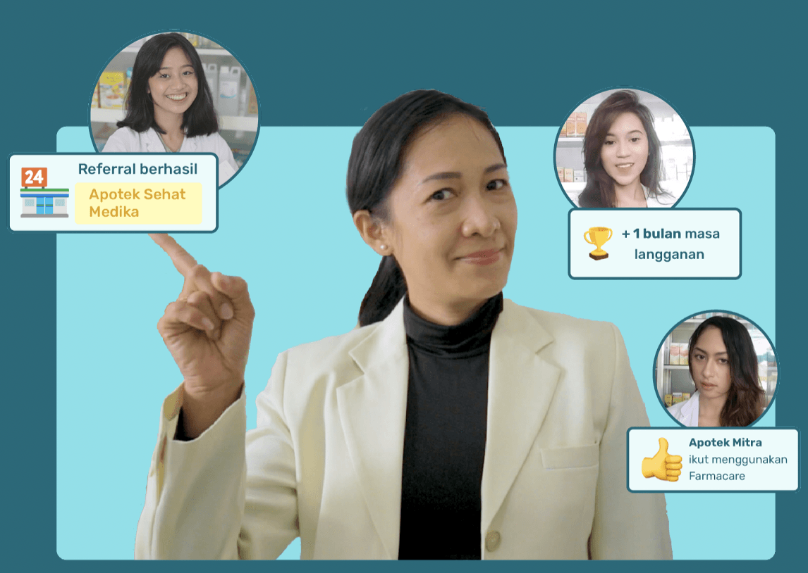 Seorang wanita menunjuk, bersama tiga rekannya dalam gelembung pop-up.