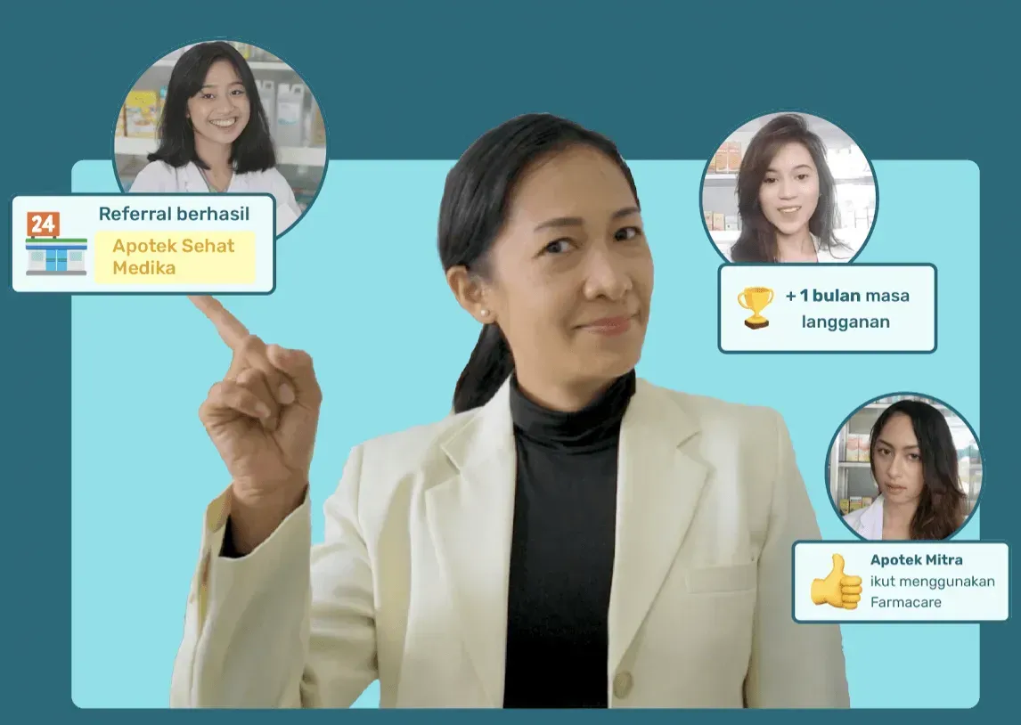 Wanita berblazer putih menunjuk ke gelembung informasi yang berisi orang-orang.