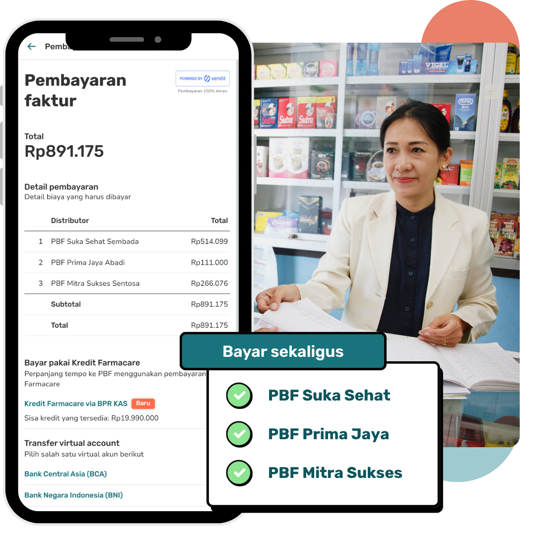 Layar ponsel menampilkan pembayaran faktur; seorang wanita di dalam toko.