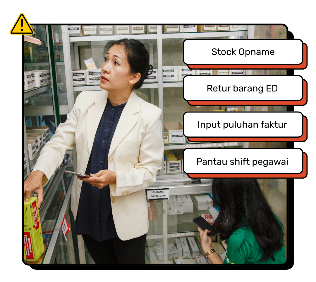 Woman in pharmacy using a device, interacting with pop-up menu: 