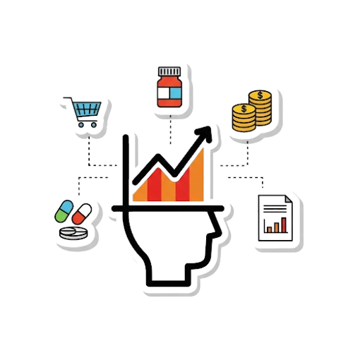 Kepala manusia dengan grafik pertumbuhan keuangan dan ikon yang mewakili elemen farmasi.