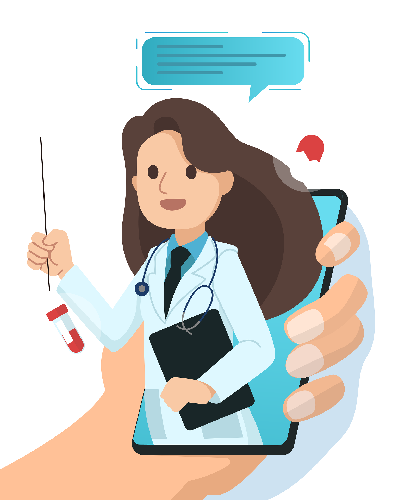 Dokter di layar telepon pintar, menunjuk dengan tongkat, memegang papan klip dan tabung reaksi.