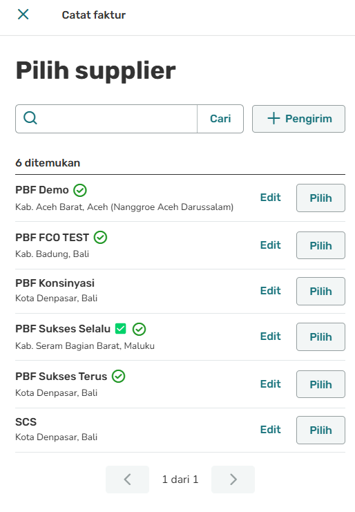 Layar pemilihan pemasok dengan pencarian, enam pemasok terdaftar, dan opsi untuk mengedit atau memilih masing-masing.
