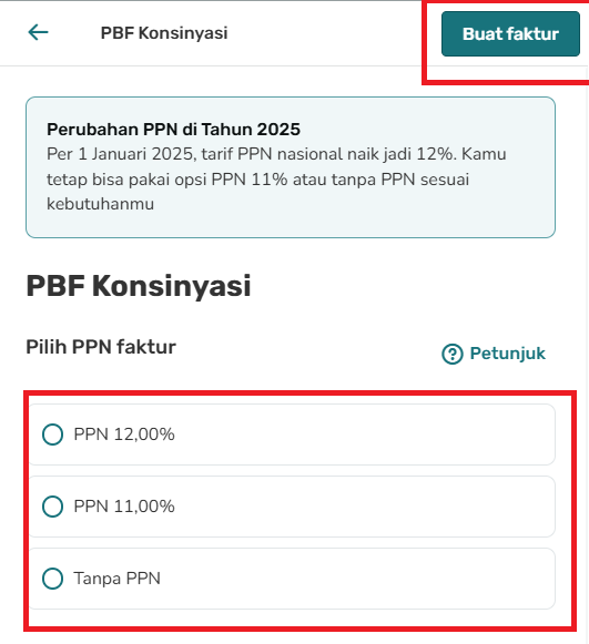 Tangkapan layar antarmuka penagihan dengan opsi untuk memilih tarif PPN (12%, 11%, atau tidak ada).