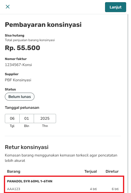 Formulir pengiriman pembayaran yang menunjukkan rincian seperti total penjualan, nomor faktur, pemasok, status, dan informasi pengembalian produk.