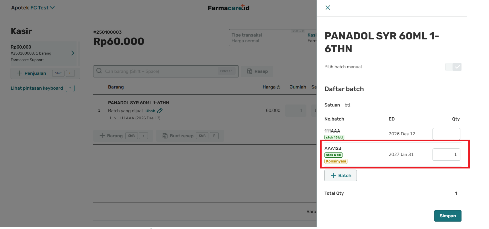 Layar menampilkan pilihan produk: sirup Panadol 60ml. Jumlahnya 1 dengan tombol untuk menyesuaikan.