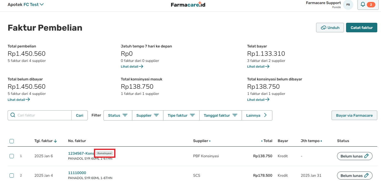 Tangkapan layar faktur pembelian dengan berbagai rincian keuangan dan informasi transaksi.
