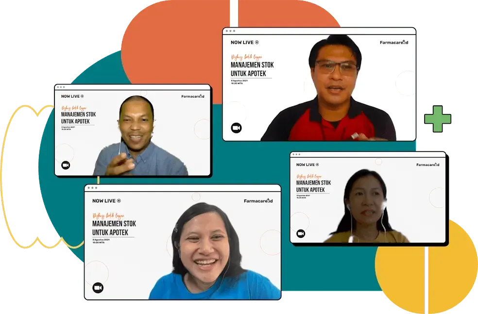 Poster webinar nasional hijau-teal tentang strategi penetapan harga jual barang apotek, dengan 4 pembicara