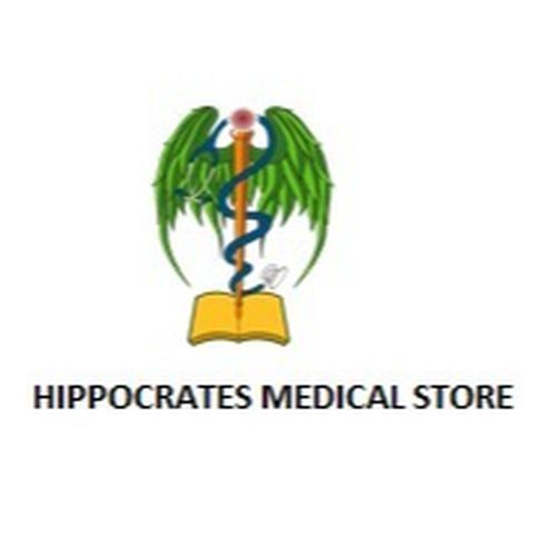 Logo Toko Obat Hippocrates: Tongkat Kaduceus bersayap, di atas buku terbuka. Teks: 