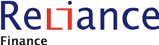 Logo Reliance Finance. Teks biru dengan kotak merah menggantikan huruf