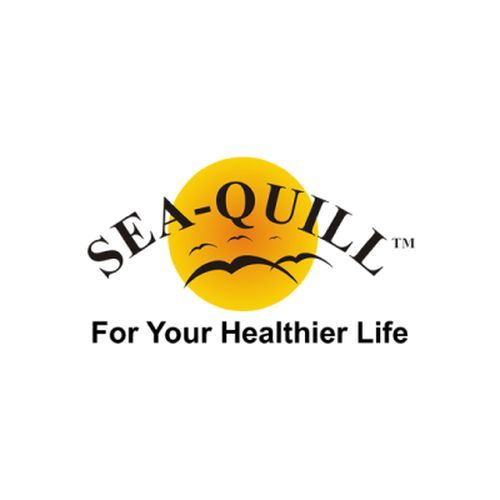 Logo Sea-Quill dengan matahari, burung camar, dan teks 