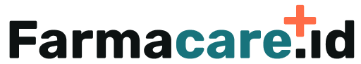 Logo Farmacare.id dengan teks hitam dan biru kehijauan, dan tanda tambah berwarna koral.
