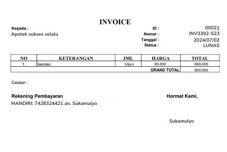 Invoice addressed to Apotek Sukses Selala, detailing item 08708C, with a Grand Total of 000.000. Sukamulys bank details.