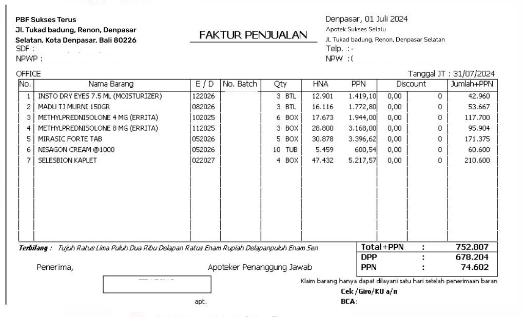 Faktur dengan rincian penjualan, termasuk jumlah, harga, dan nominal.