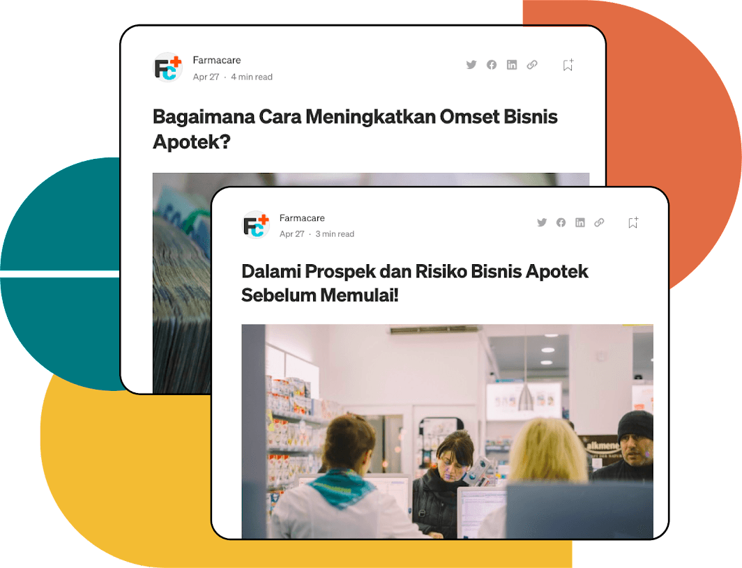 Dua artikel tentang bisnis apotek pada latar belakang putih dengan bentuk oranye dan hijau.