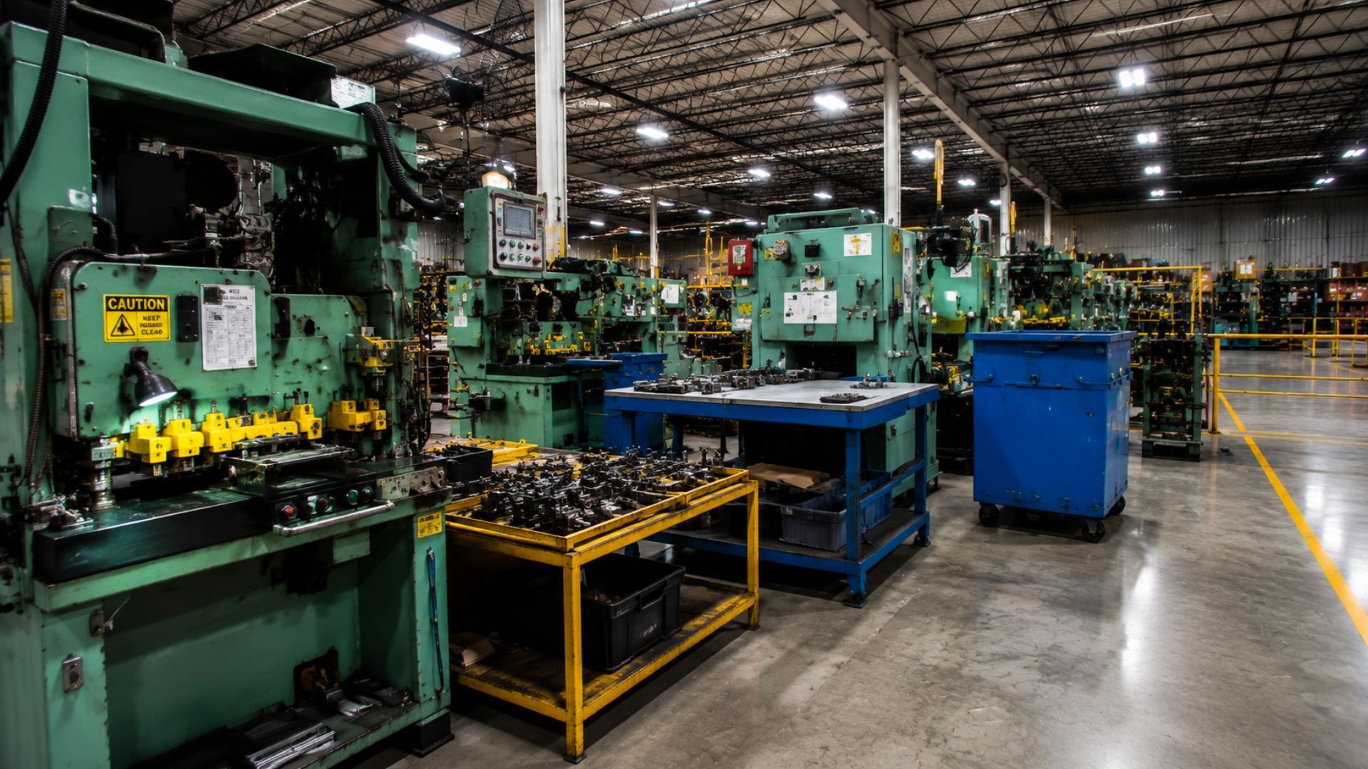 Industrial factory floor with green machines, worktables, and blue bins under bright overhead lights