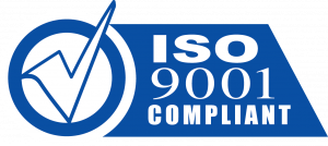 ISO 9001 compliant blue certification logo with checkmark icon