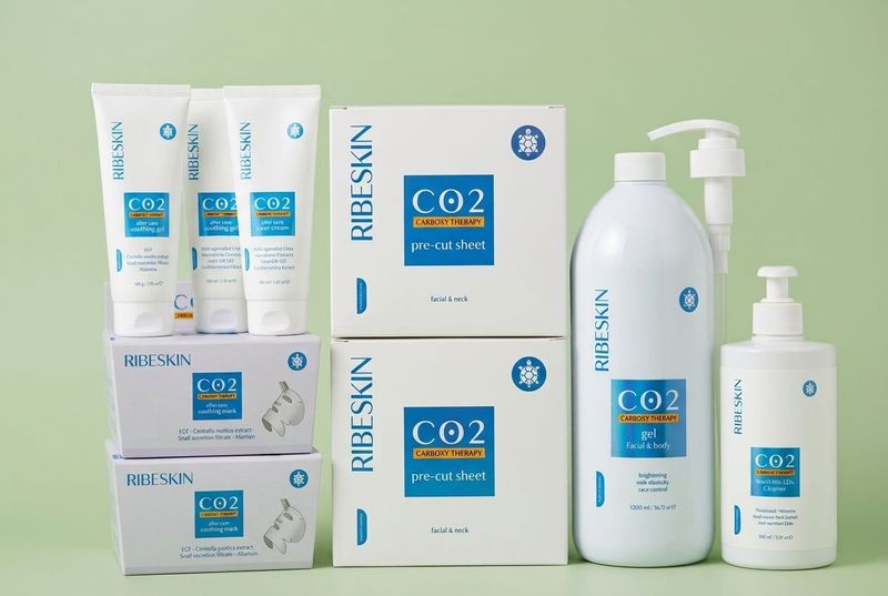Flaconi e scatole di prodotti per la cura della pelle White Ribet Skin CO2 disposti su uno sfondo verde chiaro.