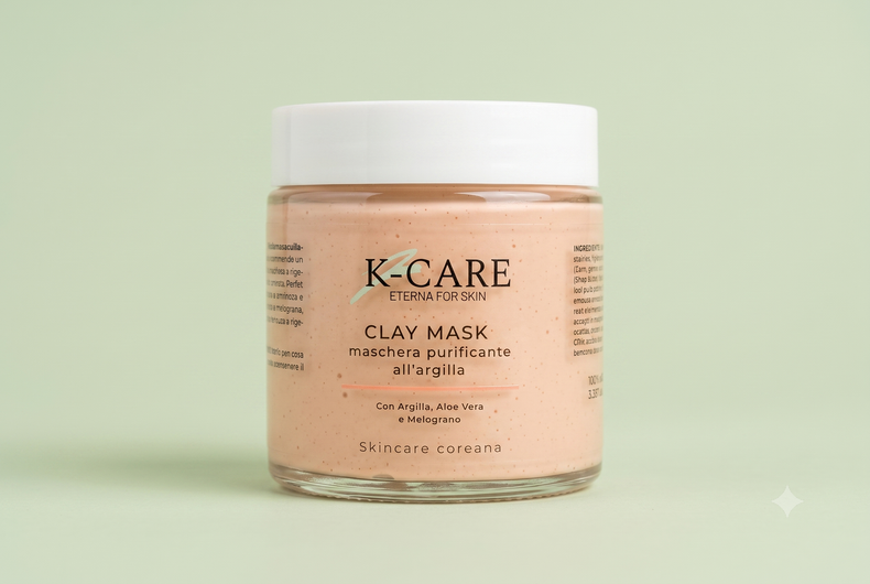 Barattolo per maschera all'argilla K-CARE con coperchio bianco su sfondo verde chiaro.