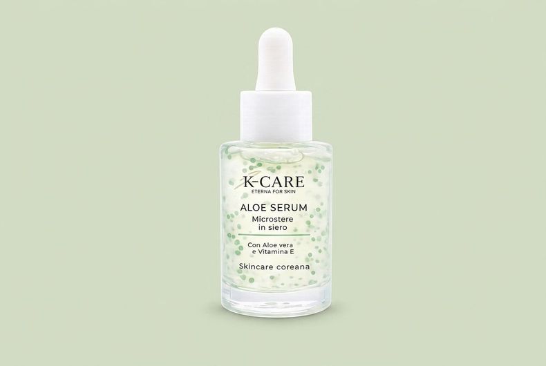 Flacone contagocce K-CARE con tappo bianco su sfondo verde chiaro.