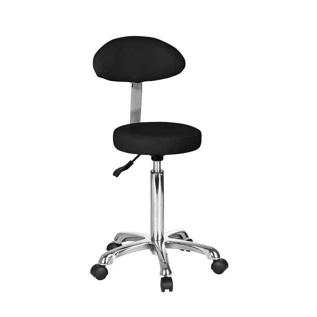 Sgabello da ufficio grigio regolabile con schienale, sedile rotondo e base con ruote cromate.