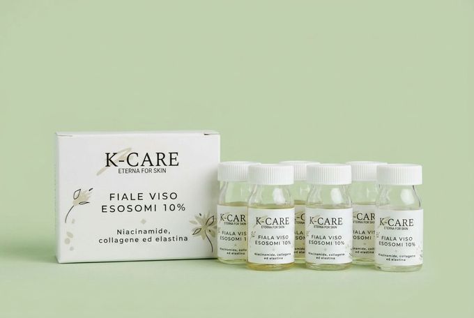 Scatola di lozione K-CARE Fiso e quattro vasetti bianchi su sfondo verde chiaro
