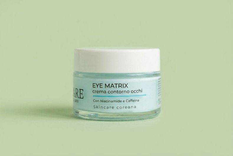 Vasetto verde di crema EYE MATRIX su sfondo verde chiaro