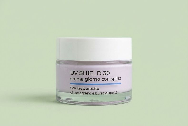 Vasetto bianco di crema solare con protezione UV 30 e etichetta color lavanda su sfondo verde chiaro.