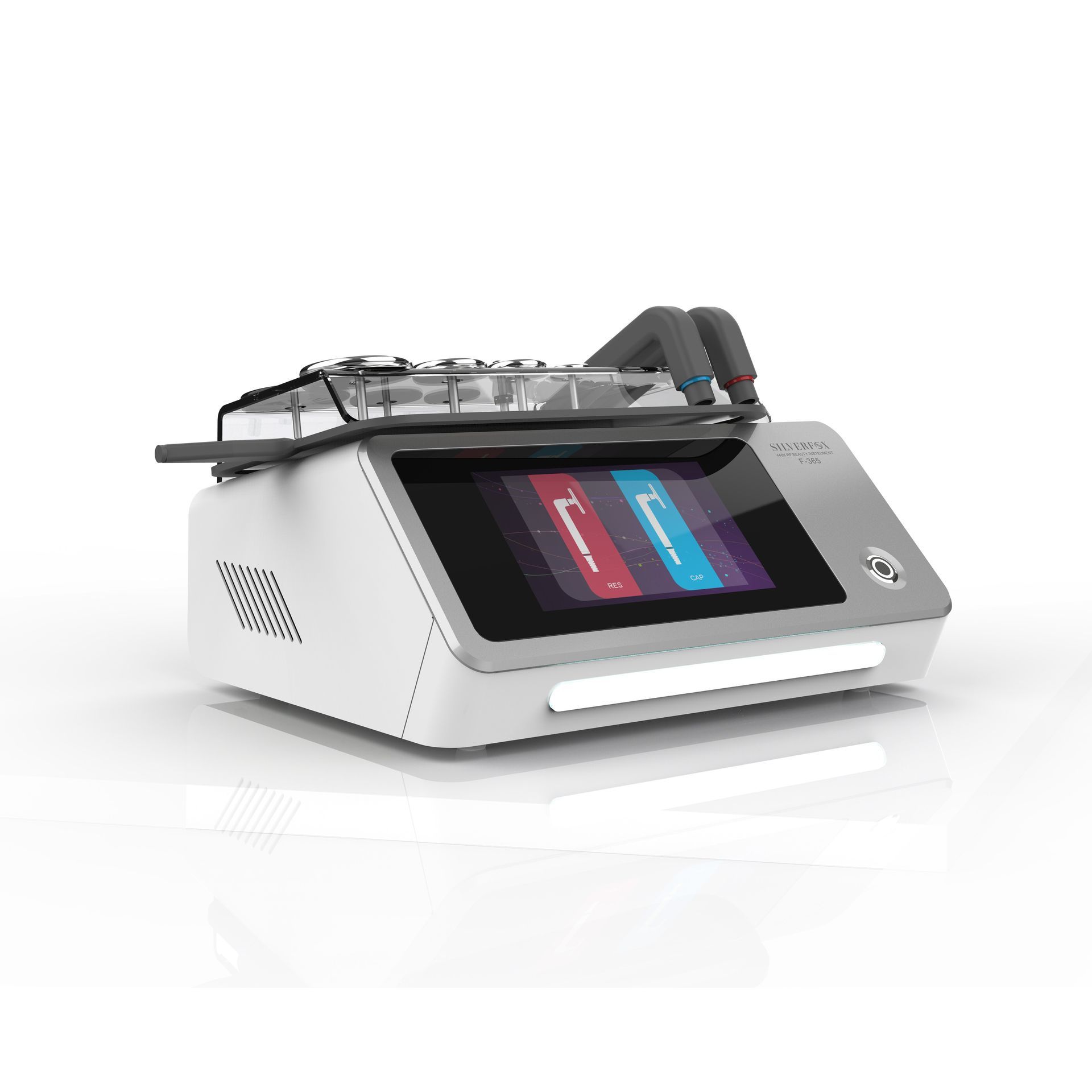Dispositivo medico da banco di colore bianco con display touchscreen e vassoio integrato sulla parte superiore.