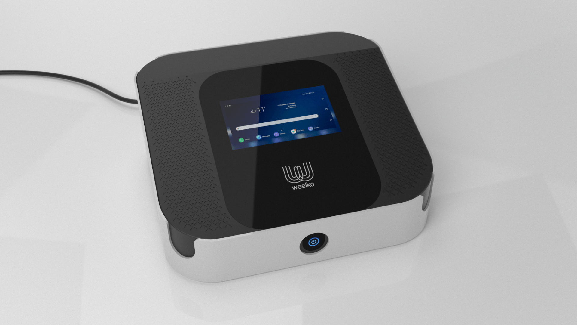 Dispositivo da tavolo bianco e nero con un piccolo touchscreen e un cavo collegato a una superficie bianca.